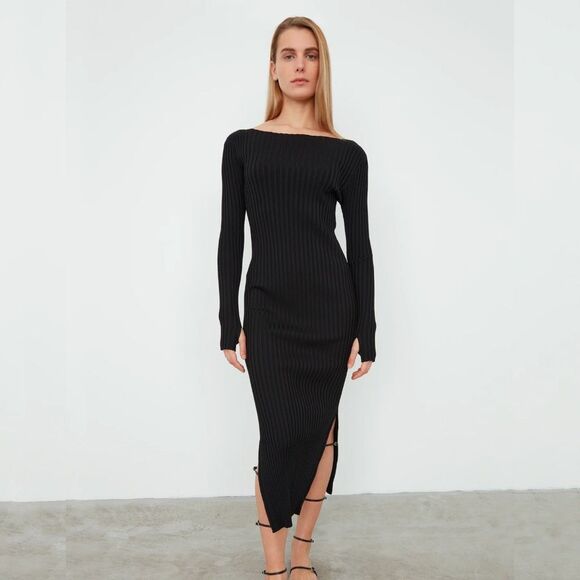 Toteme Dress Ribbed Knit Black Long Sleeve Orville Midi Dress Size Medium